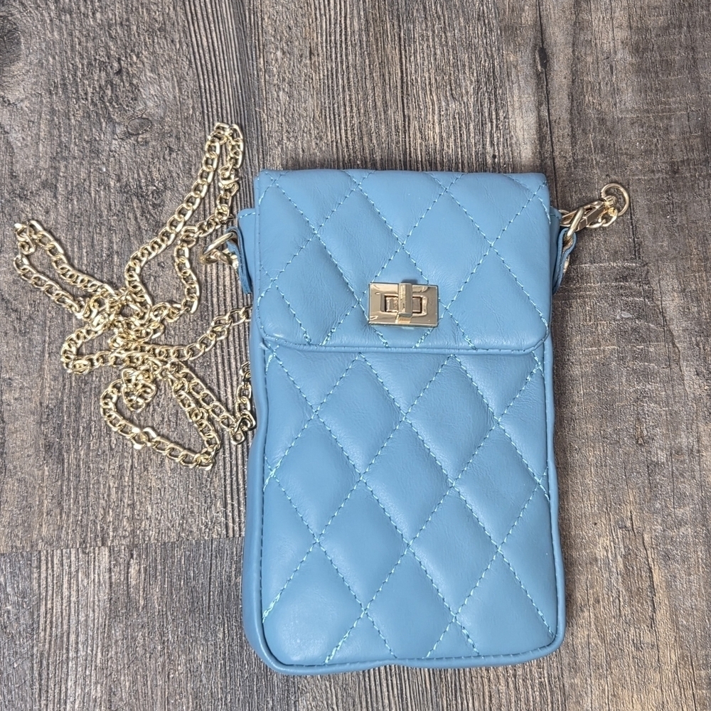 Quilted Blue Leather Crossbody Bag with Gold Chain
